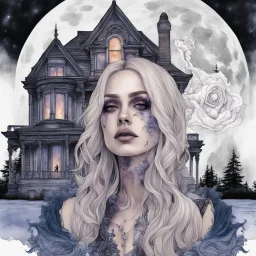 Gothic_Mansion+haunted_Woman_Portrait+astral_nightsky, double exposure splash art watercolour and fountain pen, face transparent bleeding through, diffusion artistic layering Inside, double exposure, merged Painterly styles by Photoshop, by Carri Ann Baade.