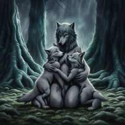 an anthropomorphic female wolf hibrid hugs with paws her two anthropomorphic wolf-kid hibrid child on field, in background tall trees wirh big trunks, rain, down on blue-green moss, hug each other , rainy day, high contrast, high detalied, atmospheric, fantasy, sci-fi mood