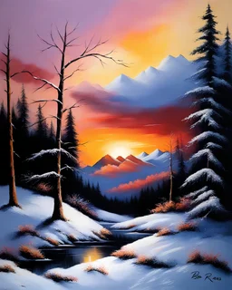 Masterpiece, best quality, Bob Ross style painting of Snowy winter sunset, painted by Bob Ross