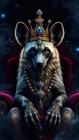 Digital art. A regal hyena king adorned with a jeweled crown, sitting on a velvet throne, surrounded by swirling nebulae. Ultra-realistic 8k detail, ornate filigree, deep sapphire and gold color palette, dramatic chiaroscuro lighting. masterpiece, best quality, intricate details, fantasy art, royal portrait, majestic.