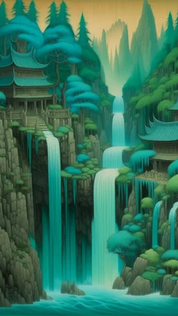 A cyan and turquoise Japanese village with a waterfall designed in Mexican folk art painted by Caspar David Friedrich