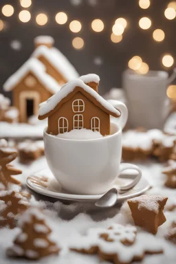 Extreme Macro Photography, HD, Photo Realistic. Centered. Linear perspective of white porcelain coffee mug full of cappuccino. Objects composed entirely on top frothy surface of cappuccino, a beautiful detailed gingerbread christmas house, lights on inside, snowman, christmas tree, smoke trailing out chimney, white snowflakes falling on house. Backlit by very soft golden glow lighting