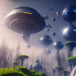 Spaceship landed on futuristic planet, sunny day. clear blue sky, cascade; trees. Elegant. Extremely detailed. Award winning photography. Fantasy. 8k. Cinematic lighting. Photorealistic. Dynamic lighting. Imperial colors. Crisp quality. Unreal Engine. Colourful cinematic postprocessing. Pixar. VRay.