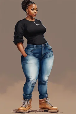 Create a watercolor image of a curvy black female wearing tight cut up jeans and a black tshirt with timberland boots. Prominent make up with hazel eyes. Highly detail two cornrows going down her head.