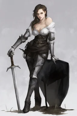 A female cleric dressed for the cold with a sword.