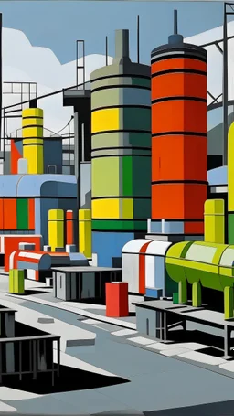 A gray factory filled with tanks painted by Stuart Davis