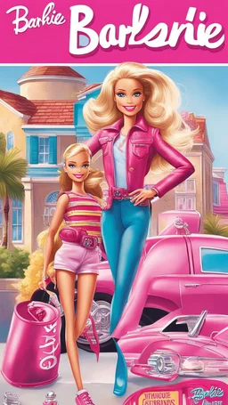 Create an image cover for a Barbie fun book that embodies glamour, adventure, and friendship. Barbie and her friends should be depicted in a vibrant scene that showcases their stylish outfits and exciting activities. Include iconic Barbie elements like her dream house, convertible car, and accessories. The backdrop should feature a glamorous cityscape or exotic location to convey the sense of adventure. Ensure that the cover is colorful, engaging, and captures the essence of Barbie's world of fu