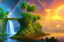 island waterfall palms twigs spring sunset rainbow bridge birds