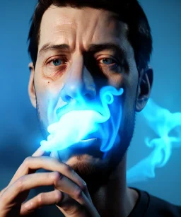 Realistic image, a guy making the fuck you gesture with his hand, blue smoke coming out of his eyes, nose and mouth. soft color, highly detailed, unreal engine 5, ray tracing, RTX, lumen lighting, ultra detail, volumetric lighting, 3d, finely drawn, high definition, high resolution.