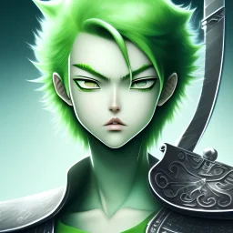 zoro, green hair, chainsawman, animestyle, denji, three chainsaw style, three sword style, majestic, soft pastel colors, soft smooth lighting, intricate detail, closed left eye, three sword, full body, sword handle in mouth, white skin,