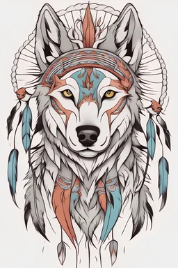 tattoo design, cartoon colored, native american, flower, wolf, style anime, delicated, background white