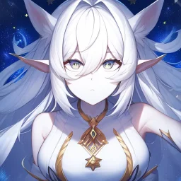 cosmic mage, elf, female, battle mage, epic, cosmic magic, long ears, white hair, face details, pale skin, jewellery, broad shoulders, sharp ears, cosmic clothes, cosmic eyes, ears shown, light out of eyes, the cosmos in eyes, stars in eyes, shining eyes, non human face, thin face, animation, detailed ears, magical eyes, non realistic, closed mouth, bigger make up, smiling face