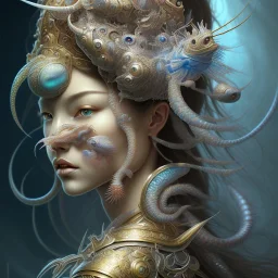 Sango fantasy, fantasy magic, intricate, sharp focus, illustration, highly detailed, digital painting, concept art, matte, art germ and Paul Lewin and Kehinde Wiley, masterpiece Indonesian lady head bronze lionfish Asian African girl nice breast Thai hair turquoise silver waves