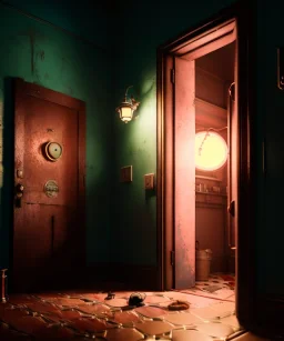 Wes Anderson photographer, night, monster peeking behind the ajar door, Ultra realistic, punk style, wide angle view, soft color, highly detailed, unreal engine 5, ray tracing, RTX, lumen lighting, ultra detail, volumetric lighting, 3d, finely drawn, high definition.