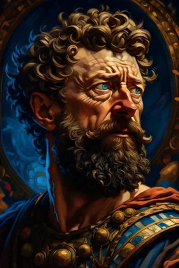 Marcus Aurelius, 4k quality, vivid, existential facial expression, art, vivid, intricate, tragedy,stoic,war, painting, piece,front facing