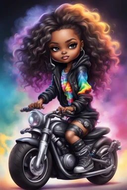 Create an digital airbrush illustration of a chibi cartoon black female wearing tie dye hoodie and black tights and biker boots. Sitting on a colorful sports motorcycle. Prominent make up with long lashes and hazel eyes. Highly detailed long twisted wavy hair blowing in the wind. Background of a bike show and smoke around her.