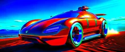 a military fighter jet station wagon hybrid designed by volkswagen only one vehicle per image painted metallic orange traveling at a high rate of speed, jet intake off of front center of vehicle and jet exhaust out the rear with bright blue flame