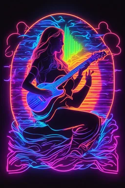 women in playing a guitar, neon art style, neon art, neon music notes, neon coloring, blacklight poster, blacklight neon colors, (neon colors), neon digital art, colorful neon lighting, neon lighting, the god of music, stylized neon, synthwave image, psychedelic black light style, made of neon light, neon background