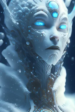 Snow alien ,hyper detailed, digital art, trending in artstation, cinematic lighting, studio quality, smooth render, unreal engine 5 rendered, octane rendered, art style by klimt and nixeu and ian sprigger and wlop and krenz cushart