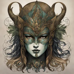 create a full color ink wash and watercolor illustration of a richly patinaed bronze female druid ceremonial mask representing Macha, utilizing historic Celtic decorative motifs, intricately detailed and sharply defined in the style of Arthur Rackham and Kay Nielsen