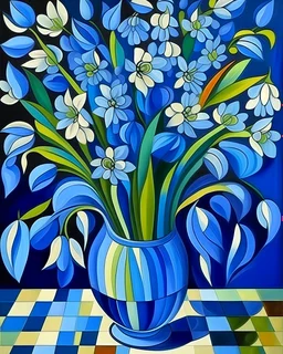 1920s cubist style. Blue bluebell flowers in a glass vase.