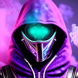 purple galaxy masked hooded super villain, weapons in hands, teal and purple smoke, full portrait, hyper realistic, 4k