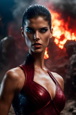 32k uhd photo raw, horror movie film still, muscular sara sampaio, blue eyes, red skin demon woman, bald head, standing in front of explosion, sharp focus, 8k, award winning, by sam raimi, hellraiser style