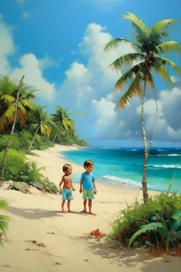 tropical beach two childeren paining neoclassism