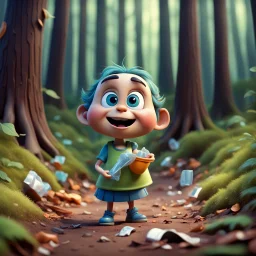 a very little Cute Figure, with cute face, collects trash in the forest, pixar, disney style