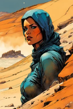 create a fine art print illustration of a rugged gritty, roughly textured Fremen female with highly detailed feminine facial features, traversing a a rocky outcrop amidst the desert sands of Arrakis, dusty, gritty, in the comic book art style of Bill Sienkiewicz, and Jean Giraud Moebius, finely textured, drawn, colored, and inked,