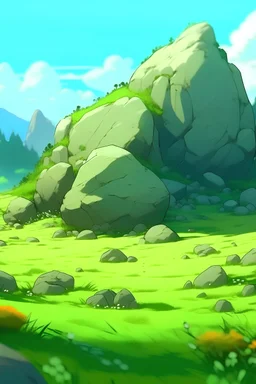stylized interesting not real meadow rocks varations different shapes ghibli