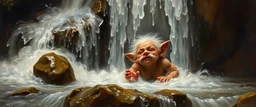 master oil painting by Rembrandt,cute blind trolls bading baby inside waterfall, we barely see them inside the cascades