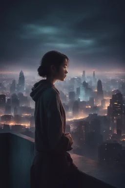 contemplative girl, background color be dim with cool lighting, atmospheric, dramatically lit city, facing away