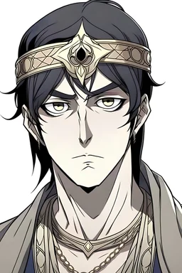 "Draw an Arabian king with sharp features, black hair, and large eyes. His features are scary and cold, and his hair reaches his shoulders." In anime style and he is sexy