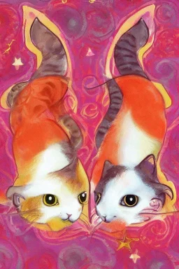 Gemini zodiac sign, cats, pink, orange, red, hyper realistic