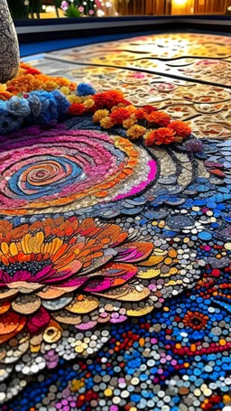 "Midnight Serenade unique" low view angle shot down sunset large close up a beautiful street with colorful wild flowers on both sides , granite terrazzo motifs with puzzle modern , clothing is decorated with colorful filigree abstract, Collage chutes papiers magazines,Spirograph background by Nisa Kiley, Textile Artist،