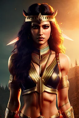 Amazon warrior, waist up portrait, 8k resolution, intricate details, ornate details, soft lighting, vibrant colors, retroanime, masterpiece, intricate eyeliner, dark eyeshadow, eyes, wild hair, intricate tattoos