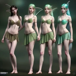 Middle Ages, three pretty girl fairies, green eyes, bottomless, see through