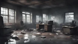 a high-quality digital painting of a deserted, post-apocalyptic ((office space)) with dilapidated furniture and broken glass strewn across the floor, abandoned, darkness, desolation, eerie atmosphere, gloomy, somber, surreal, dystopian, concept art, detailed, realistic, cinematic, 4K resolution