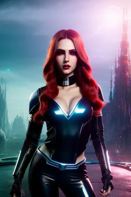 Futuristic fantasy character, portrait from waist up, pale skin, latex and leather attire, crimson eyes, vibrant hair color, intricate eyeliner, vibrant eyeshadow, clear completion, soft lighting, 4k resolution, intricate details, insanely detailed, colorful cityscape background, masterpiece, expert, cinematic smooth, retroanime style, realistic details, no helmet