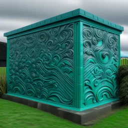 A greenish blue great wall fortress designed in Maori sculptures painted by Zosan