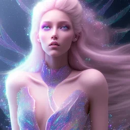 one big crystal glitter pink blue subtle galactic fairy in a galactic ambiance,glitter long blond hair down to the ground,transparent petals,blue eyes,delicate colors in the foreground, full of details, smooth，soft pink violet light atmosphere, light effect，vaporwave colorful, concept art, smooth, extremely sharp detail, finely tuned detail, ultra high definition, 8 k, unreal engine 5, ultra sharp focus