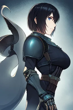 Motoko Kusanagi from "Ghost In The Shell (1995)", clad in medieval stell plate armour, melancholic, alone, big blue eyes, perfect, beautiful, black hair, correct proportions, in the style of "Ghost in the Shell (1995)"