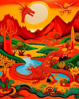 An orange colored valley with a dragon shrine designed in Kuna Molas painted by Stuart Davis