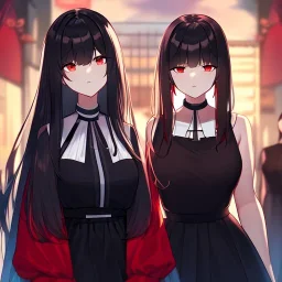 Clear focus,High resolution, black long hair, Vibrant red eyes, Emo style, Black skirt, wearing a black shirt sleeveless, wearing a white collar, Wearing black and red cutsleeves