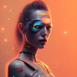 A beautiful portrait of a cute gelly cyberpunk woman happy, grain on the skin, tribal tatoos, orange color scheme, high key lighting, volumetric light high details with white stripe, blender 3D