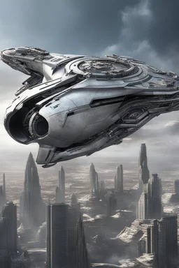 a photorealistic sleek silver spaceship flying over a futuristic ruined city