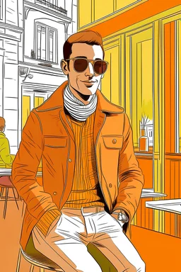 Diseñar un personaje personaje alto con lentes de sol, colorado, alegre y agradable, de unos 20 años, varón, vestido con chaqueta marrón y pantalones cuadrillé, en un café de parís