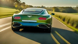 A sleek with livery (((luxury hypercar bentley))), its contours and details perfectly captured in a (((cinematic view))), zipping along a winding road under a beautiful blue fresh morning sky, rear view