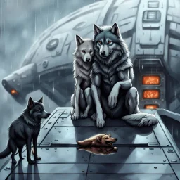 digital art front in picture an of little dark dog like creature stands and looking an anthropomorphic wolf couple sitting on the spaceship's ramp close together, the female wolf sits behind pale gray male wolf and puts one paw on the dark gray wolfman's shoulder, raini day, on ramp a little piece of meat lies down, high contrast, high detalied, high realistic, in background detail of a spaceship is visible. Rain, The atmosphere is a seamless blend of sci-fi and dark fantasy mood, digital art